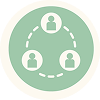 a seafoam green circle with three silhouettes of people and a dotted line connecting them indicating a social circle